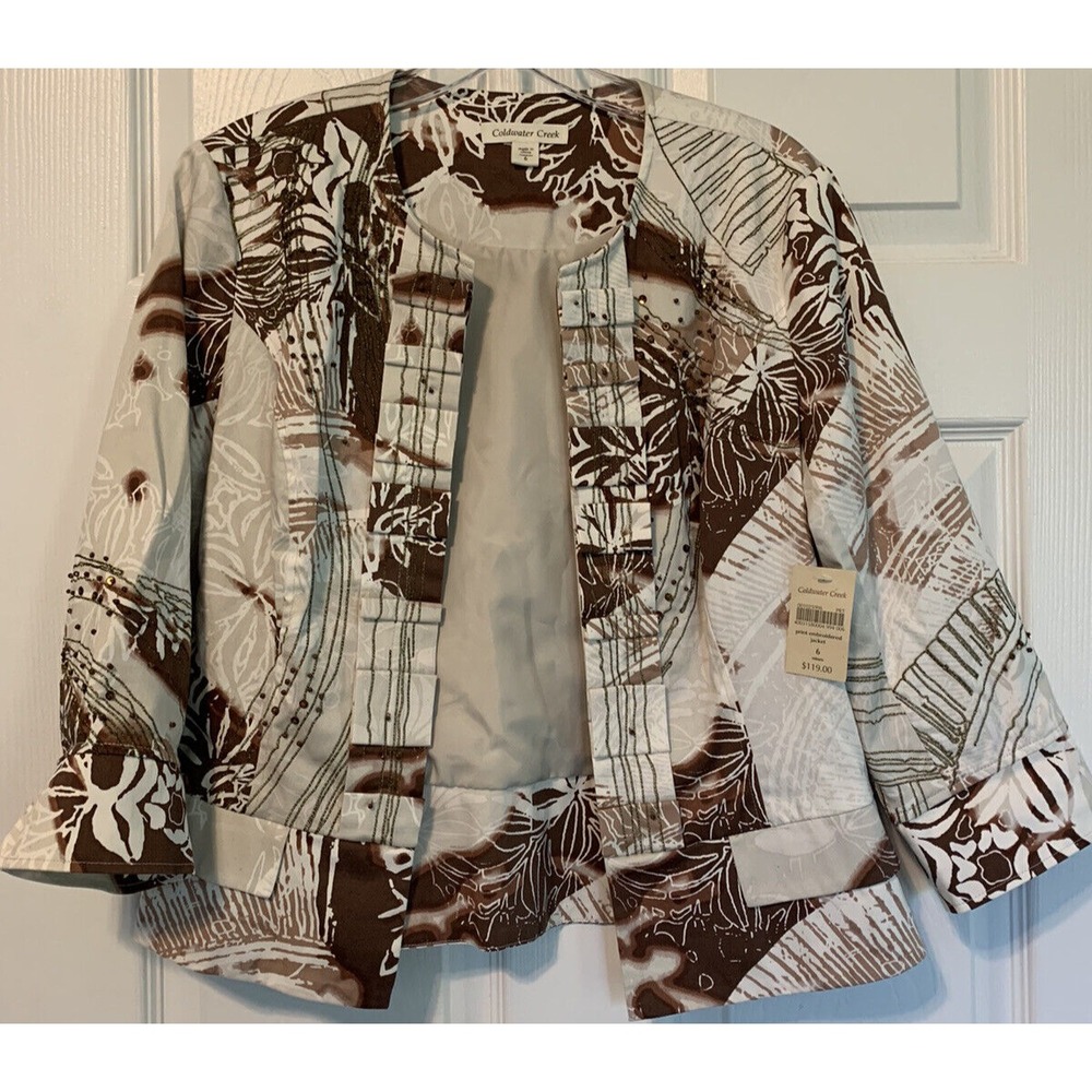 New Coldwater Creek Open Front Lined Turn Cuff Jacket 6 Beaded & Embroidered